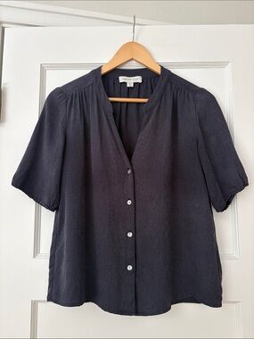 Amour Vert short sleeve button up blouse, navy, XS